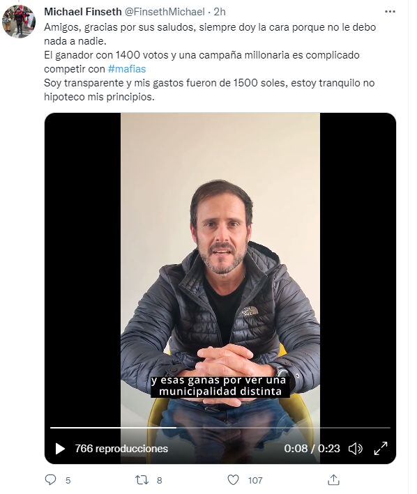 Michael Finseth solo logró 303 votos en La Punta y cierra su cuenta de Instagram