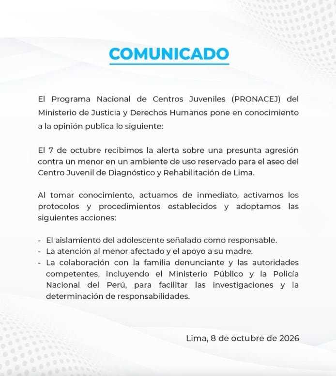 Comunicado del Programa Nacional de Centros Juveniles