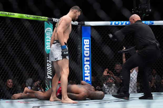 Mauricio Ruffy looks on after knocking out King Green during a UFC 313 mixed martial arts lightweight bout Saturday, March 8, 2025, in Las Vegas. (AP Photo/John Locher)
