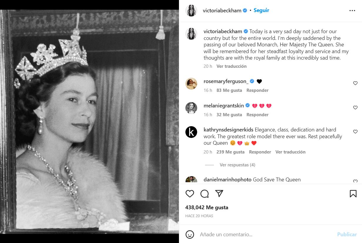 Publicación hecha por Victoria Beckham tras la muerte de la reina Isabel II. (IG: victoriabeckham)