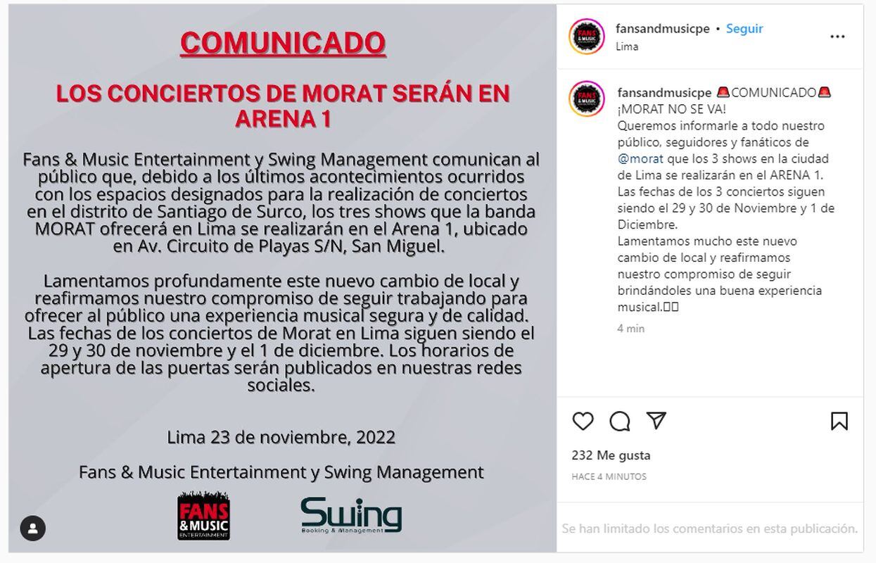 Fans & Music emite comunicado sobre Morat en Lima