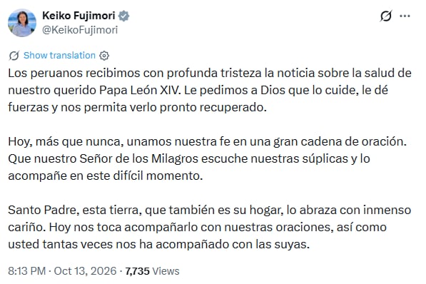 Keiko Fujimori emite pronunciamiento tras conocerse que el papa León XIV tiene cáncer al pulmón.