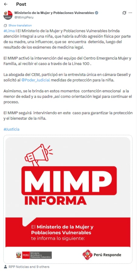 Ministerio de la Mujer se pronuncia tras la detención de Andrea San Martín por presunto maltrato a la hija de Juan Víctor.
