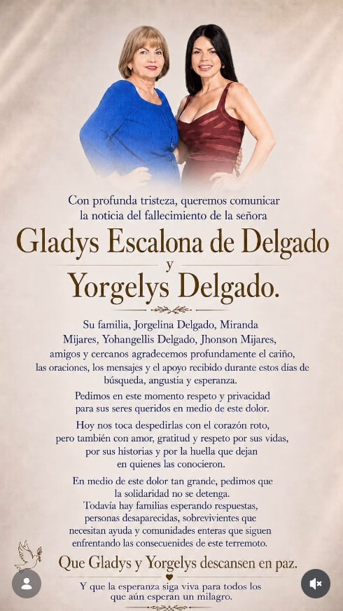 Familia de Yorgelis Delgado confirma fallecimiento de la actriz tras dos terremotos en Venezuela.