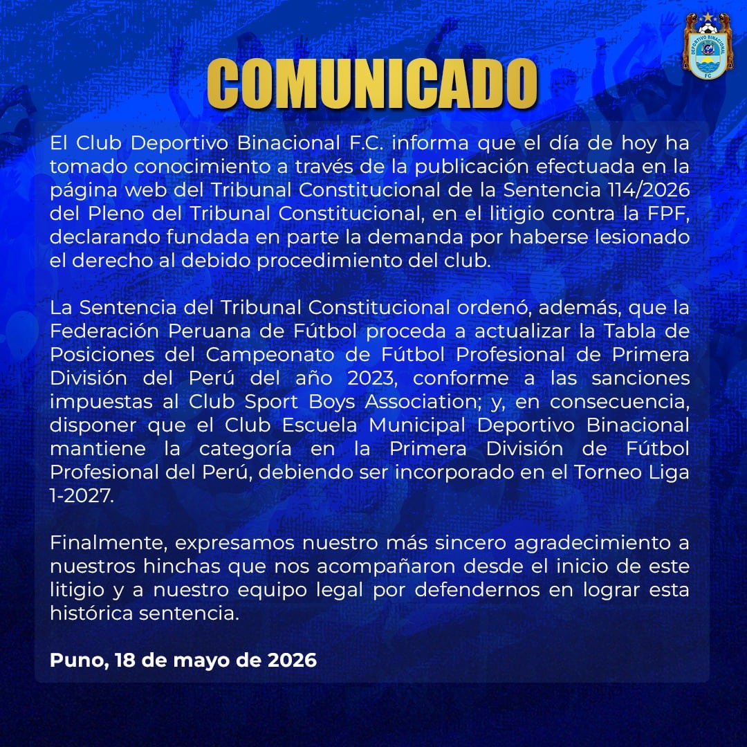 El comunicado de Binacional tras fallo del Tribunal Constitucional. (Imagen: Deportivo Binacional)