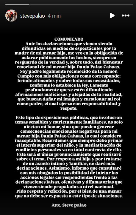 Comunicado de Steve Palao tras denuncia por abandono a su hija | Foto: Instagram (Captura)
