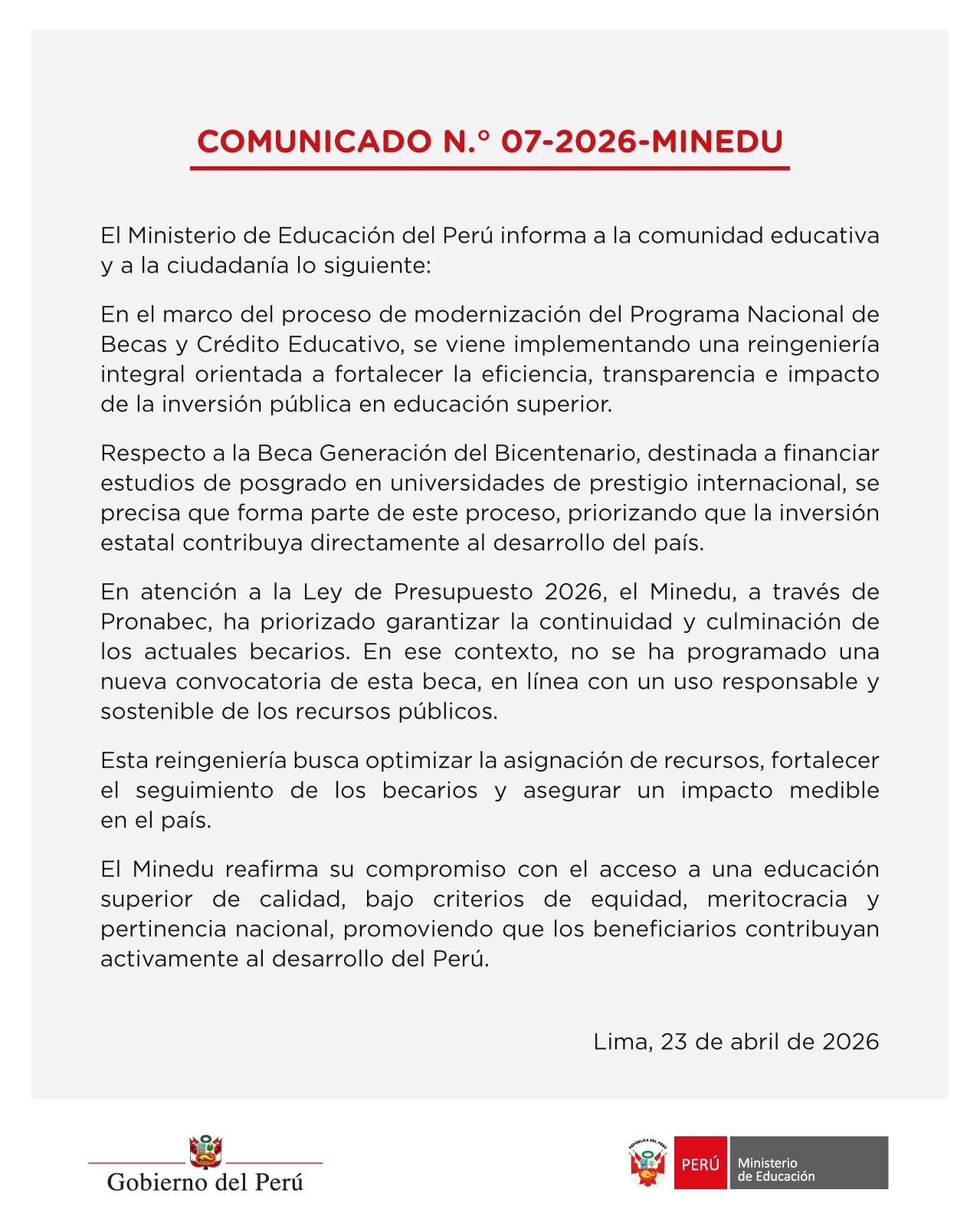 Ministerio de Educación informó que n ose ha reprogramado una nueva convocatoria de la Beca Generación Bicentenario. (Foto: Pronabec)