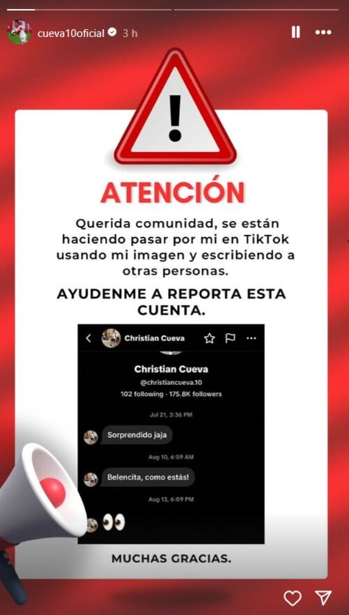 Christian Cueva denuncia que se están haciendo pasar por él en TikTok.