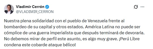 Opinión de Vladimir Cerrón tras captura de Nicolás Maduro.