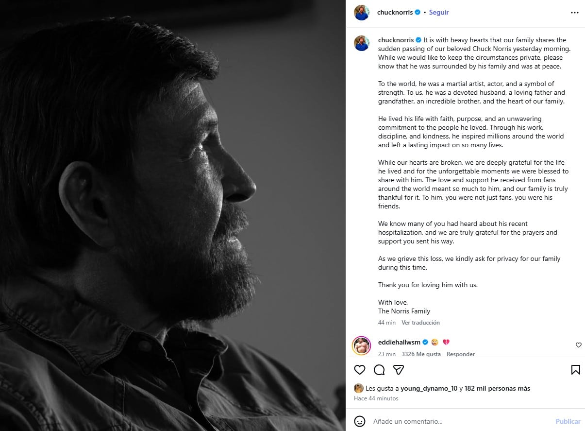 Chuck Norris falleció tras ser hospitalizado de emergencia.