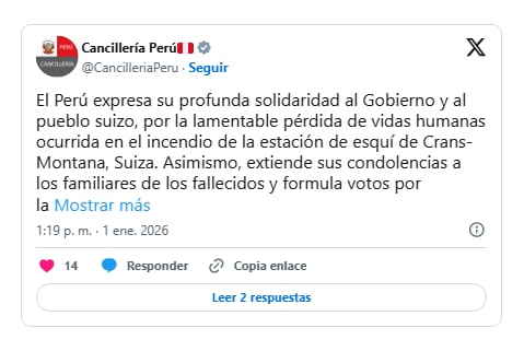 La Cancillería del Perú se solidarizó tras la tragedia en Suiza durante una fiesta por Año Nuevo.