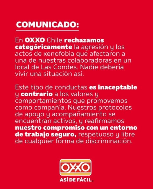 Comunicado de cadena de tiendas sobre agresión a trabajadora peruana. (Facebook Oxxo Chile)