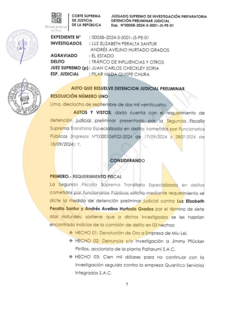 El documento que ordena la detención de Andrés Hurtado. Captura: Latina Noticias