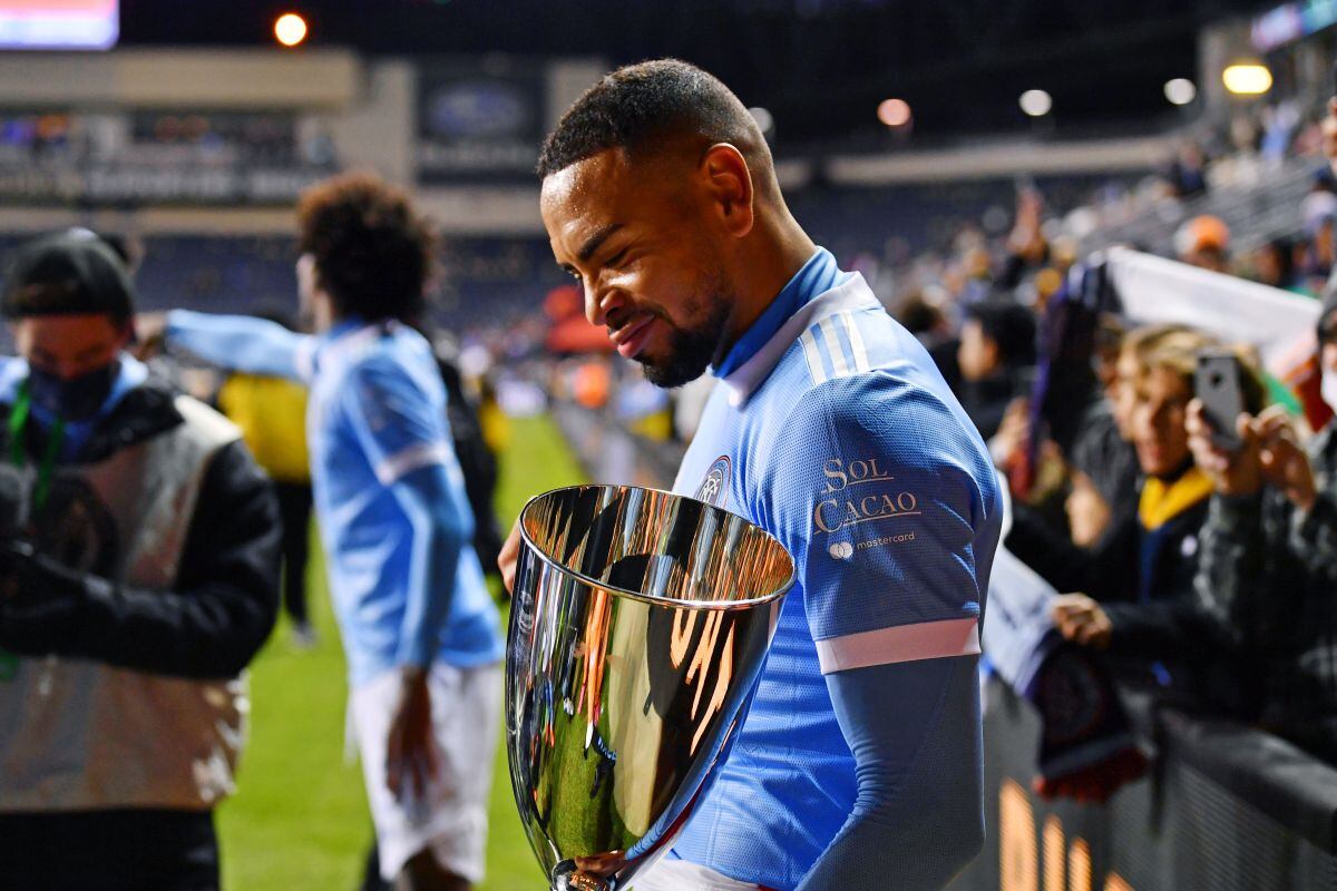 Dec 5, 2021; Chester, PA, USA; New York City FC defender Alexander Callens (6) holds the trophy after beating the Philadelphia Union to win the Eastern Conference Finals of the 2021 MLS Playoffs at Subaru Park. New York City FC won 2-1. Mandatory Credit: Kyle Ross-USA TODAY Sports