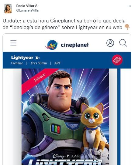 Cadena de cine hizo advertencia sobre la película “Lightyear”, pero ante críticas tuvo que borrarlo.