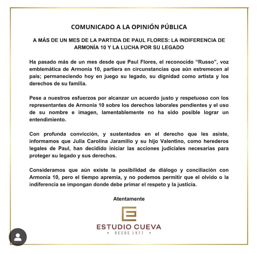 Viuda de Paul Flores anuncia acciones legales contra Armonía 10