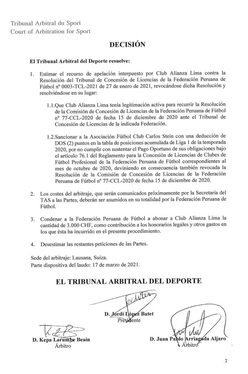 Decisión del TAS sobre el caso Alianza Lima.