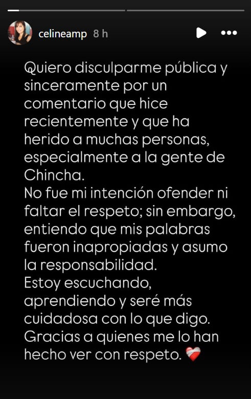 Celine Aguirre se disculpó públicamente por comentario y reconoce su error.