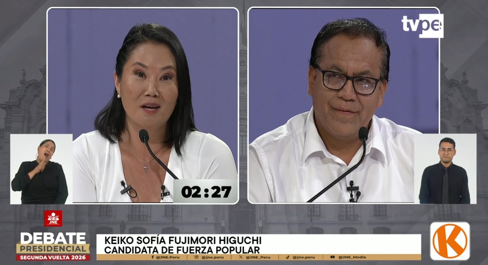Keiko Fujimori y Roberto Sánchez en el debate presidencial.