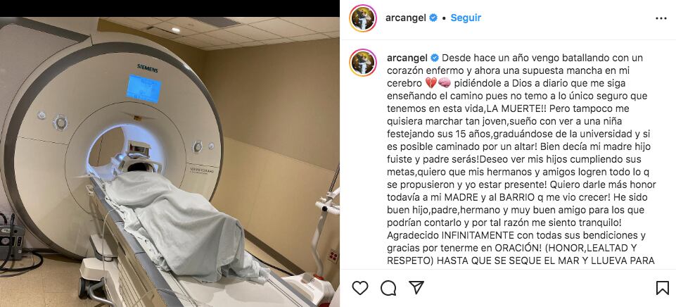 Arcángel compartió una imagen el 9 de diciembre de 2020 donde reveló el infarto que había sufrido (Foto: Arcángel / Instagram)