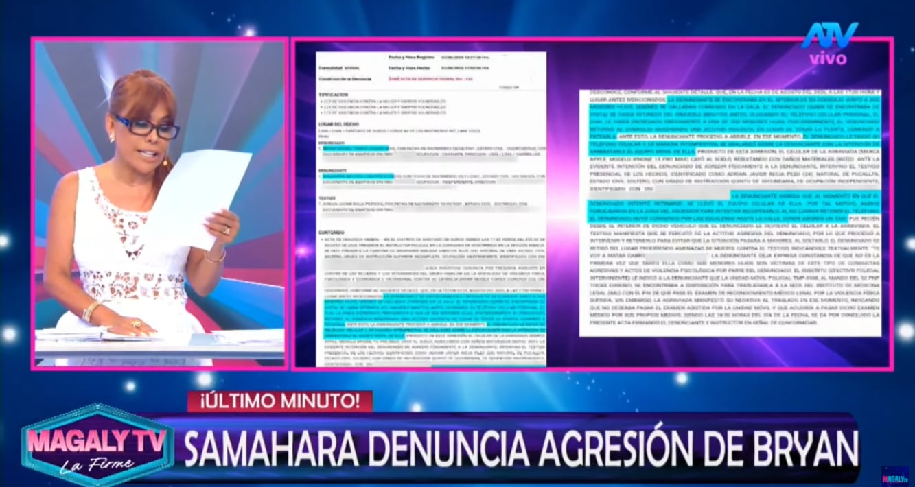 Magaly Medina leyó la denuncia que le puso Samahara Lobatón a Bryan Torres. La violento hecho sucedió este lunes 3 de agosto.