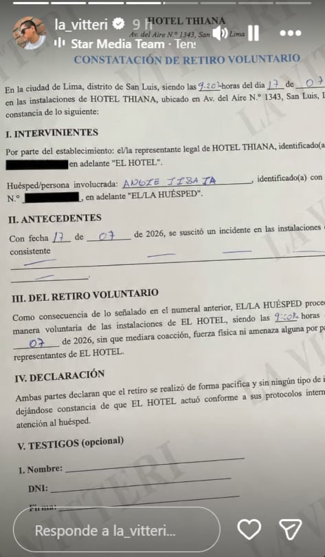 Según documentación del hotel, Angie Jibaja se retiró sin que mediara coacción ni fuerza física. Foto: La Vitteri.