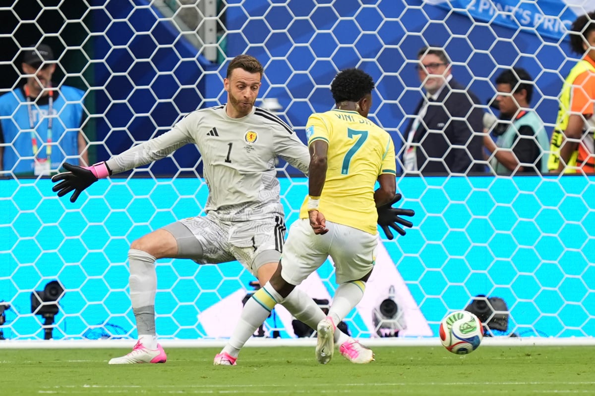 Vinicius Jr. anota el 1-0 parcial ante Escocia, en el estadio Hard Rock en Miami, Estados Unidos, por la Copa del Mundo 2026. (Alberto Boal / EFE)