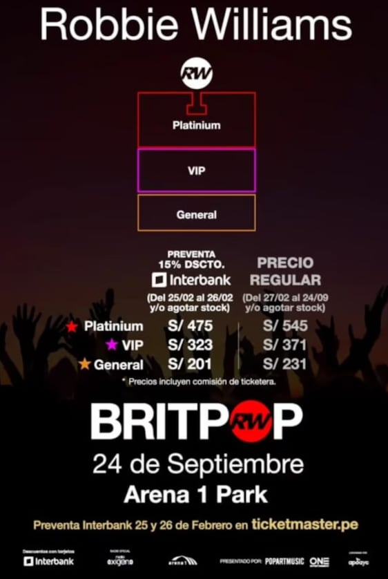 Precio de las entradas al concierto de Robbie Williams.
