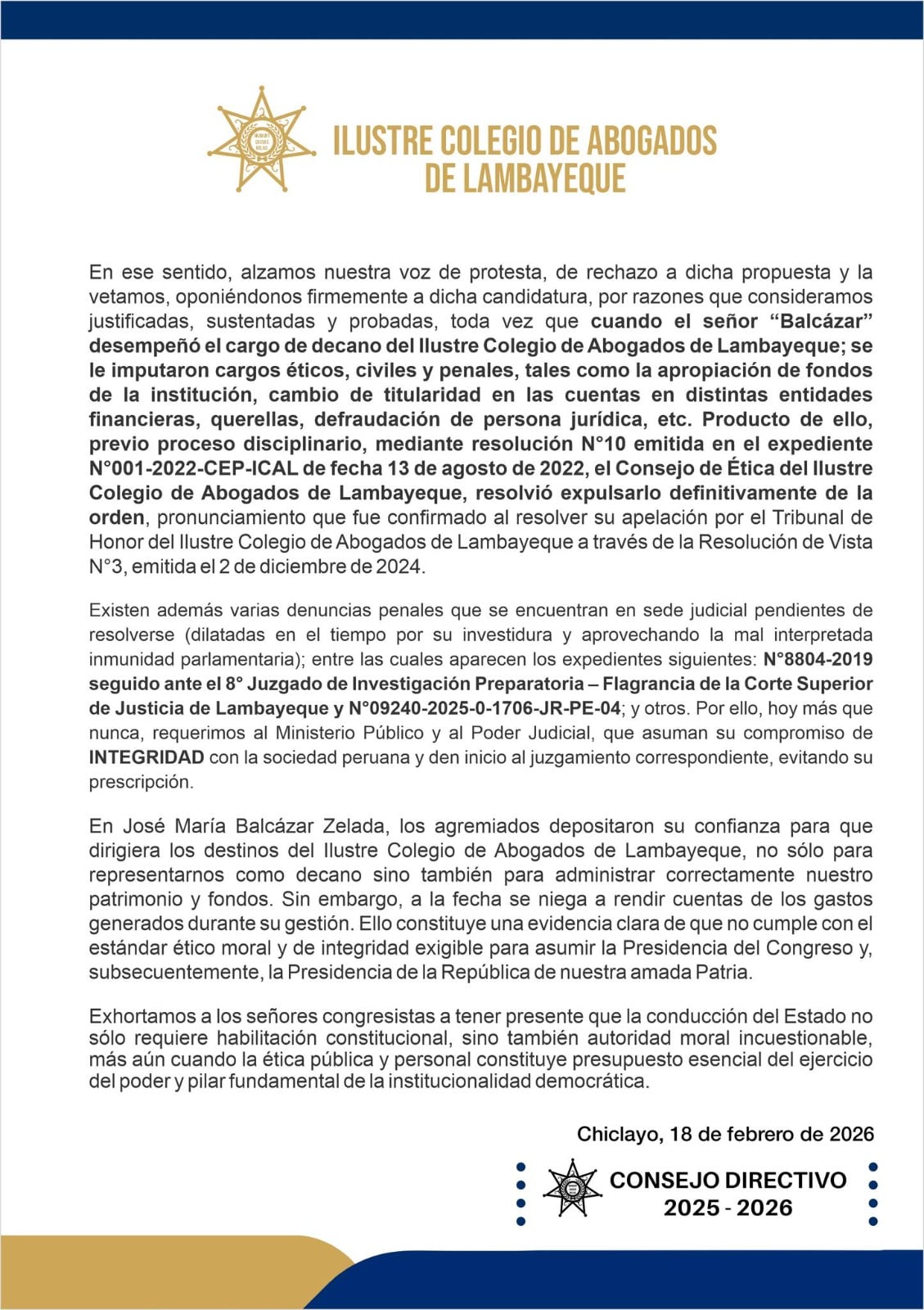 Comunicado del Colegio de Abogados de Lambayeque se pronunció en contra de candidatura de José María Balcázar