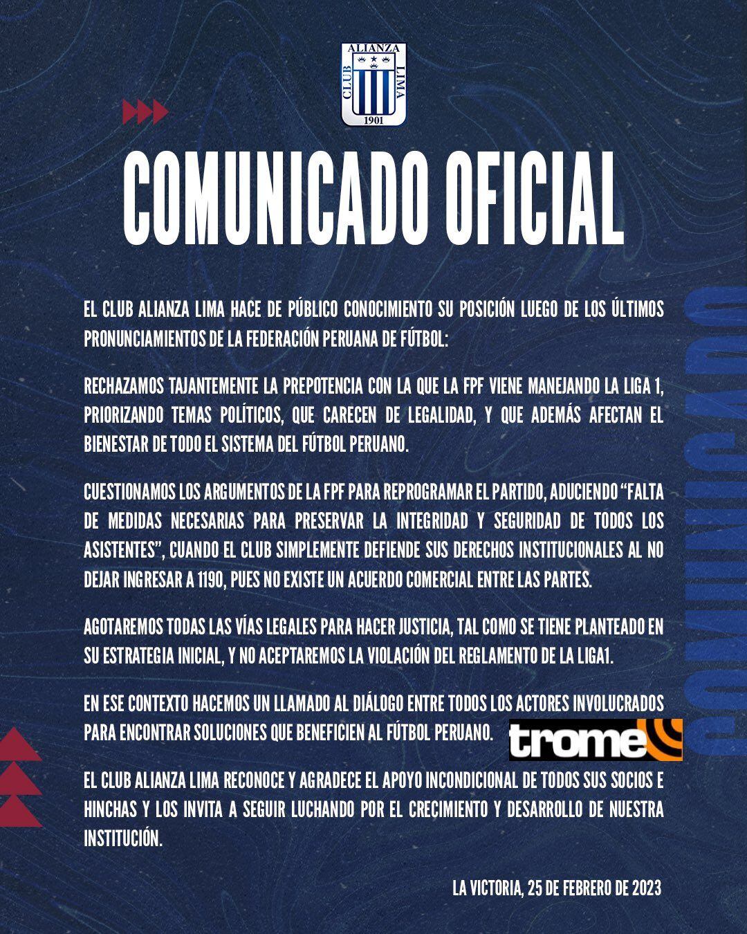 Intercambio de comunicados entre Alianza Lima y la FPF.