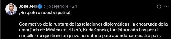 Twitter de José Jerí sobre la salida de encargada de la Embajada de México en Lima. (X)