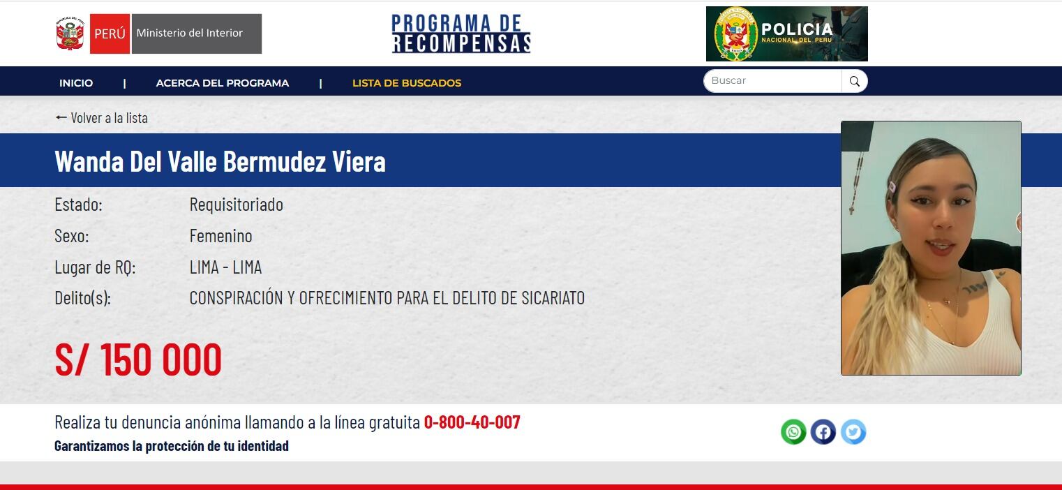 Ministerio del Interior ofrece 150 mil soles por la captura de Wanda del Valle.