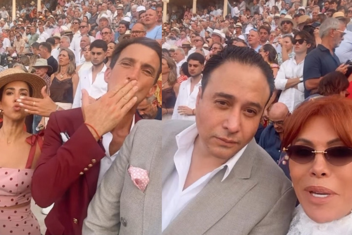 Magaly Medina y el ex de Sheyla Rojas, Sir Winston, y Antonio Pavón en la plaza de toros La Maestranza de Sevilla. (@magalymedinav)