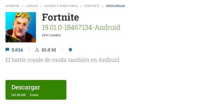Página de descarga del APK de Fortnite para smartphones.