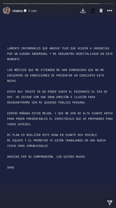 Shakira cancela su primer concierto en Lima. Emitió un comunicado para explicar que sigue internada. (Foto: Instagram)