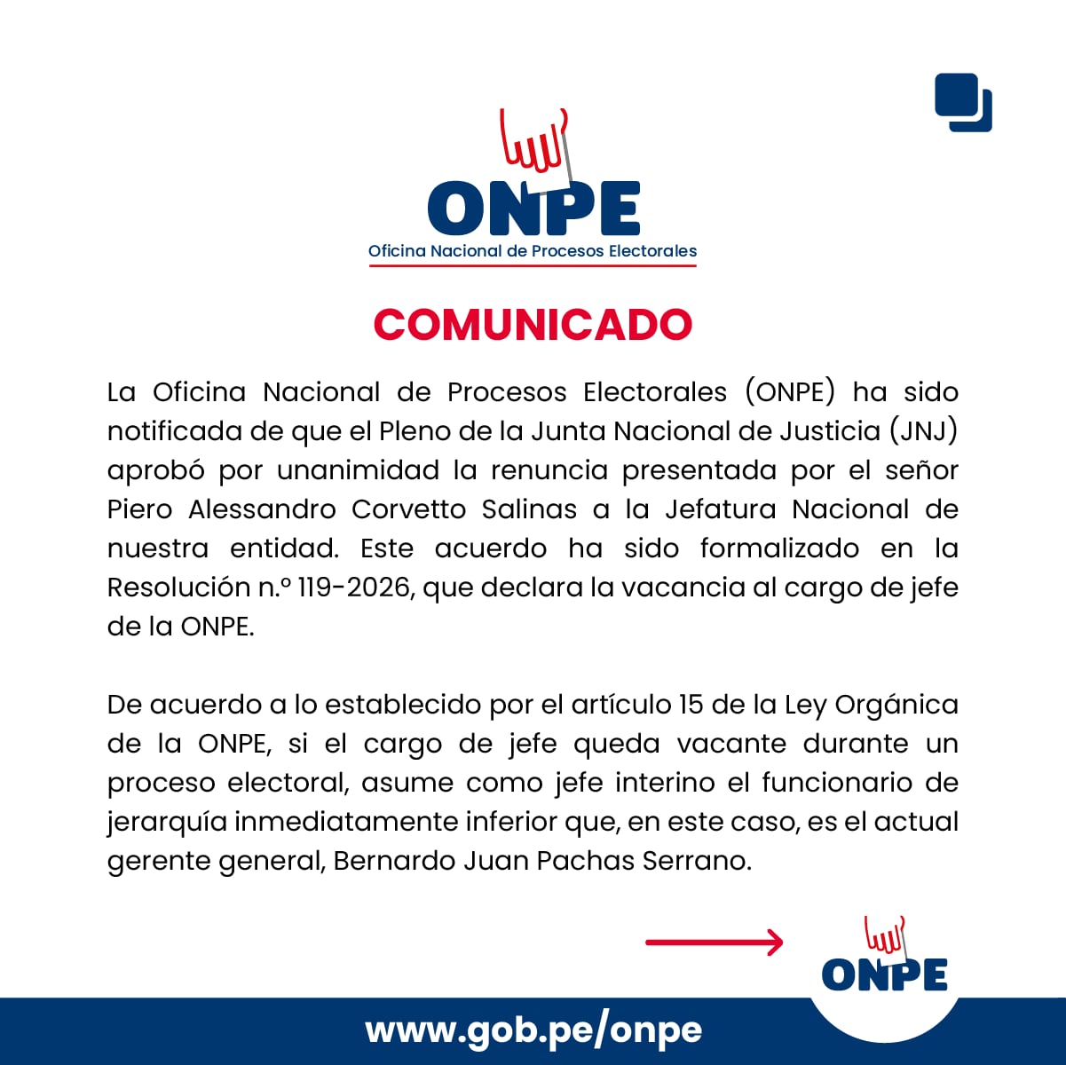 Comunicado de la ONPE sobre el nuevo jefe interino. (@photo.gec)