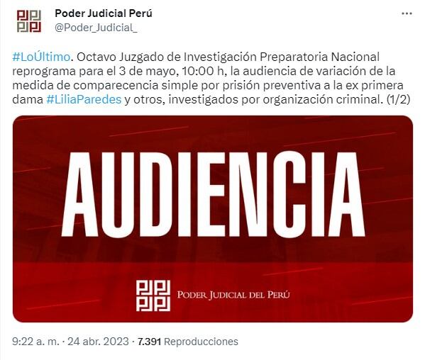 Comunicado Poder Judicial. Foto: captura Twitter