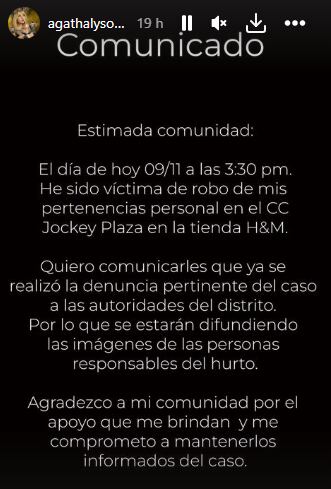 Comunicado de Agatha Lys por robo.