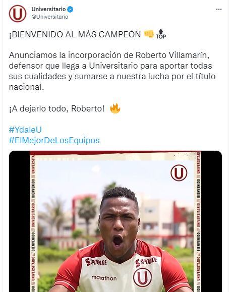 Universitario anunció así el fichaje de Roberto Villamarín.