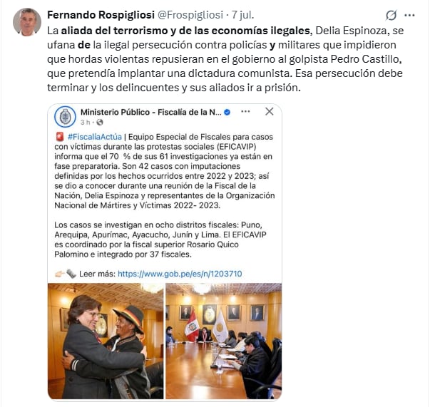 Tuit de Fernando Rospigliosi sobre Delia Espinoza. (Foto: X)