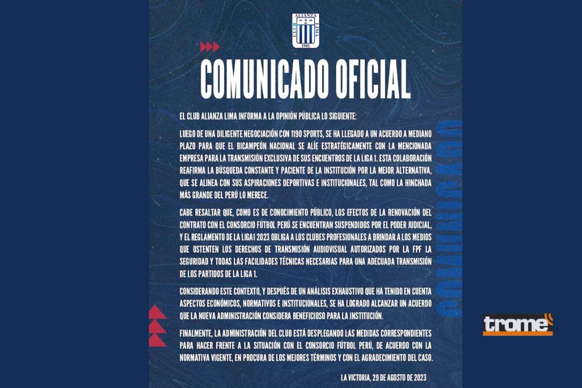Alianza Lima envía comunicado para anunciar acuerdo de televisación (@clubALoficial)