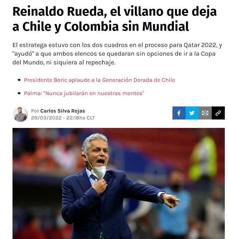 Medio chileno culpa y llama ‘villano’ a Reinaldo Rueda: “Dejó a Chile y Colombia sin mundial”