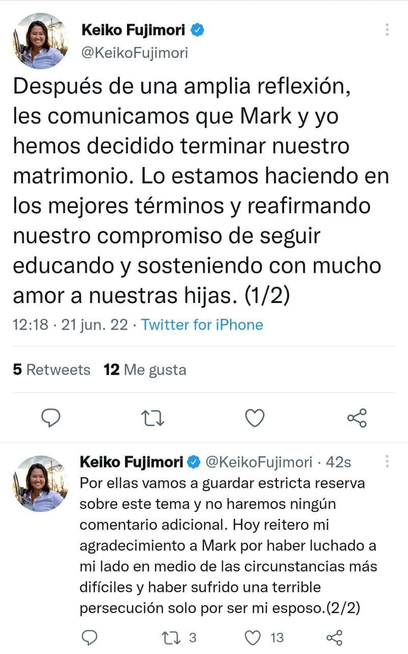 Keiko Fujimori envió un mensaje en Twitter donde informa que su matrimonio con Mark Vito no va más (Foto: GEC)