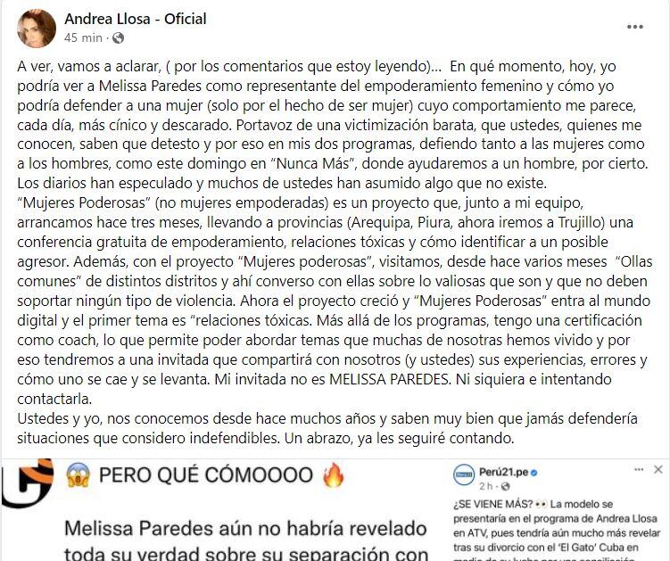 Andrea Llosa niega invitar a Melissa Paredes