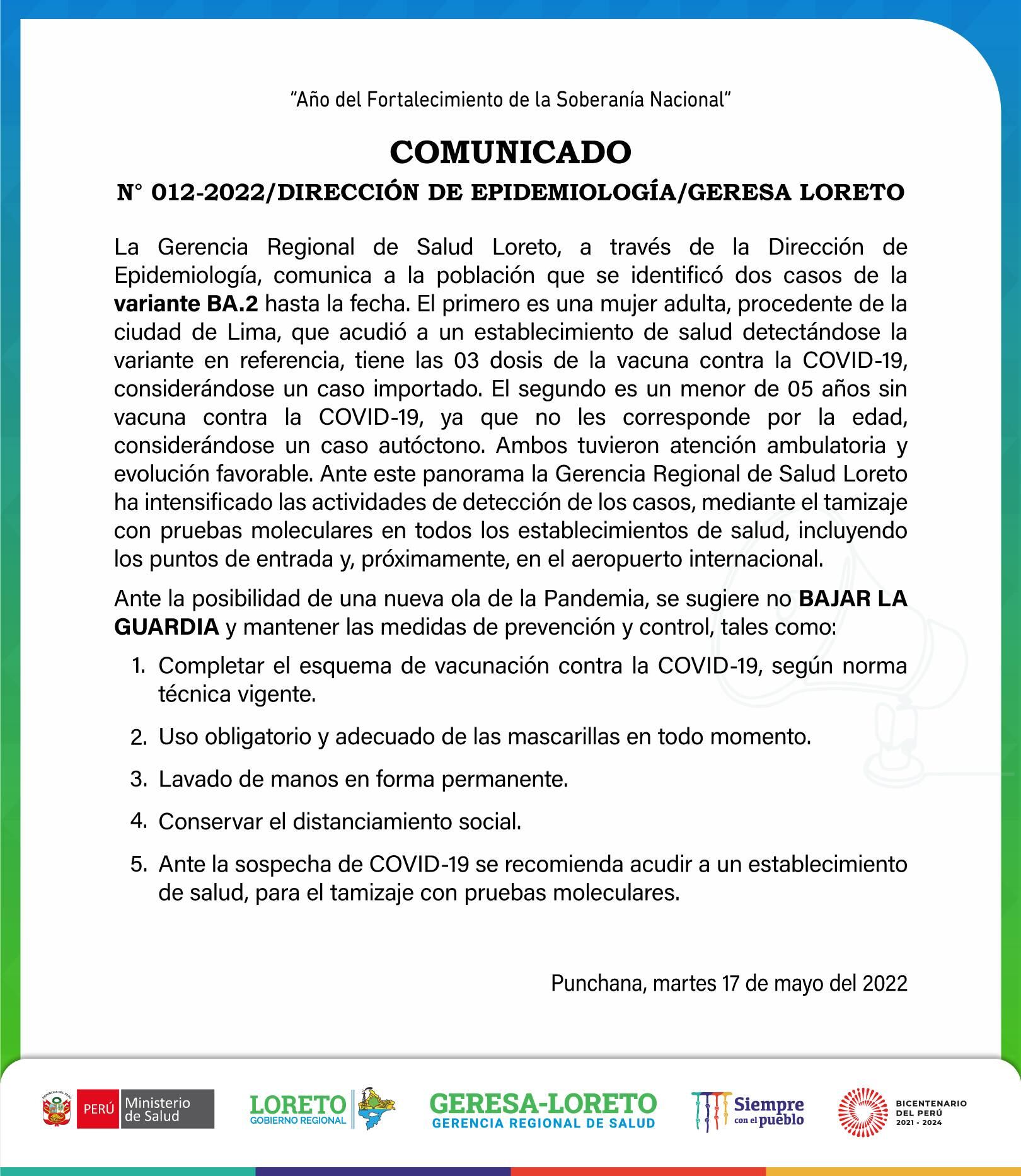 Dirección Regional de Salud de Loreto comunica sobre dos casos de subvariante de ómicron BA.2.