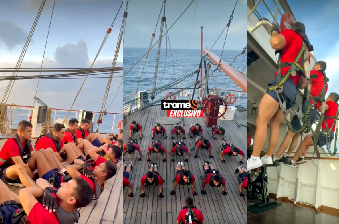 Cadetes del B.A.P. Unión siguen fuerte entrenamiento en su viaje de instrucción en el buque escuela a vela B.A.P Unión. (Compos.: Isabel Medina / Trome).