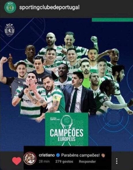 Cristiano Ronaldo saludó al equipo de futsal de Sporting Lisboa por ganar la Champions League. (Foto: Instagram)