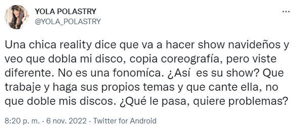 A través de su Twitter, Yola Polastri compartió su fastidio por presunto plagio en show navideño. (Foto: Twitter)
