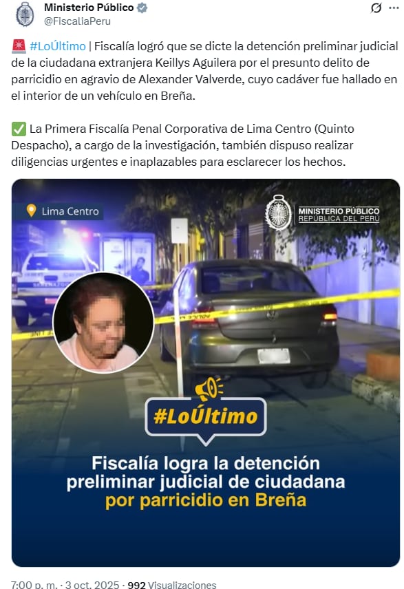 Fiscalía logra detención preliminar judicial contra mujer que asesinó a su marido y lo escondió en maletera de auto.