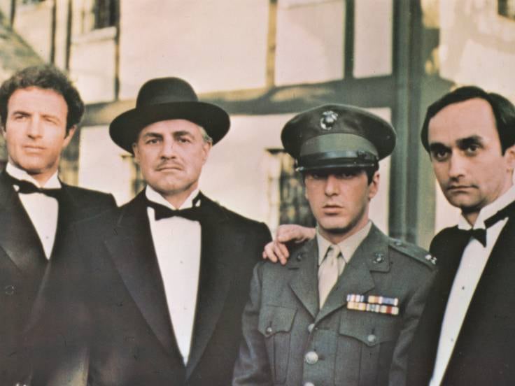 James Caan, Marlon Brando, Al Pacino y John Cazale, protagonistas masculinos de El padrino.